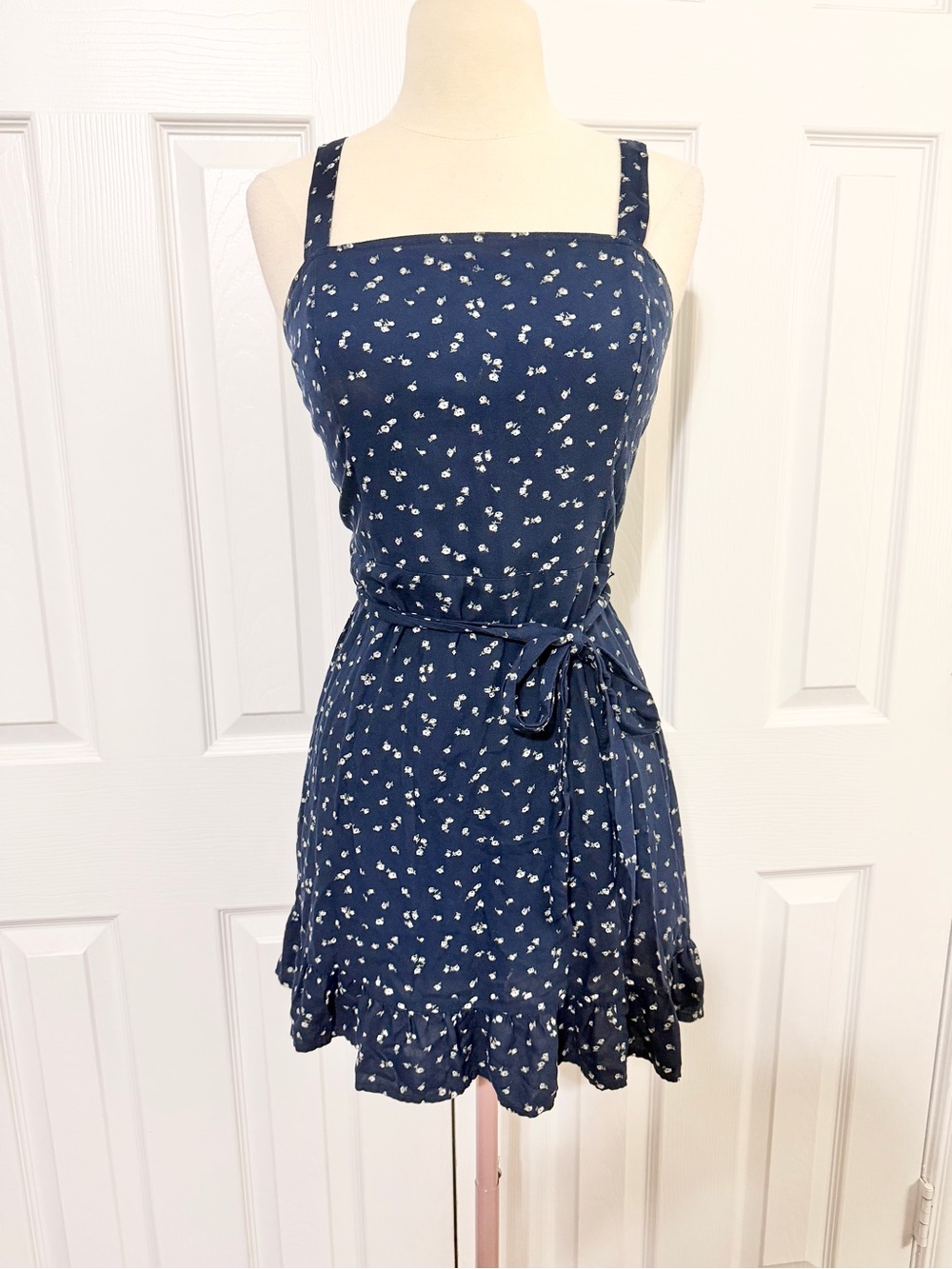 Hollister Navy Blue Floral Tie-Waist Mini Dress